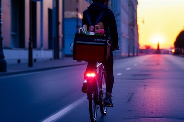 Obraz premium Sunset or early morning delivery courier on bicycle with lights on delivering groceries