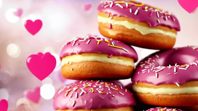 Sweet Stacked Donuts: A vibrant and delectable stack of donuts with glossy pink icing and colorful sprinkles, set against a backdrop of floating heart, evoking feelings of joy and indulgence.