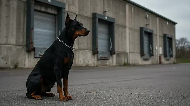Black doberman pinscher sitting in front of a warehouse