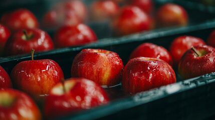 Washing and drying apples within the factory.