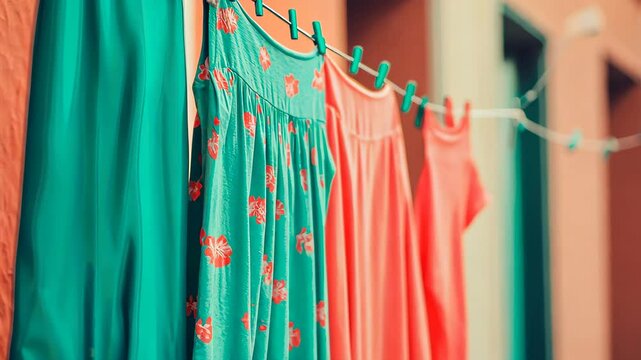 Clothesline Serenity: Teal and coral colored dresses and a skirt hang gently on a clothesline, drying in the sun. The soft colors and the peaceful scene evoke a sense of calm and tranquility. 