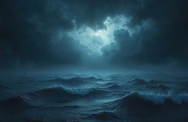 Dark sea illustration. Gloomy stormy ocean with black blue sky background, clouds. Horror theme, depression concept, mystery, gloomy dark mood. Generative AI artwork for print, poster, wallpaper,