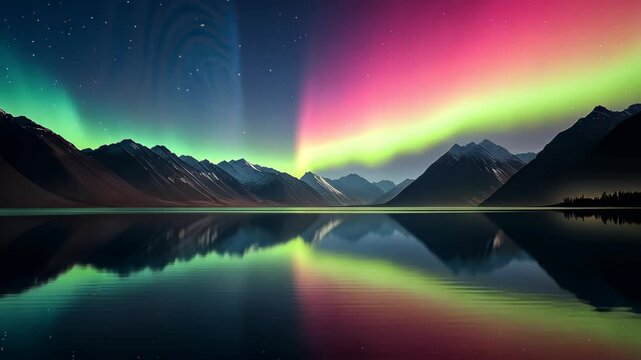 Celestial Aurora: A vibrant dance of the aurora borealis illuminates a tranquil landscape, with a mirror-like lake reflecting the celestial display against a backdrop of majestic mountains.