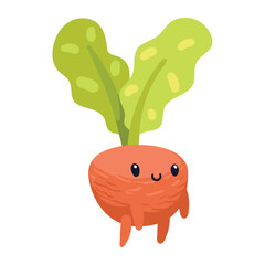 Adorable Cartoon Radish Character Vector with Smiling Face and Bright Green Leaves for Kids and Food Illustrations