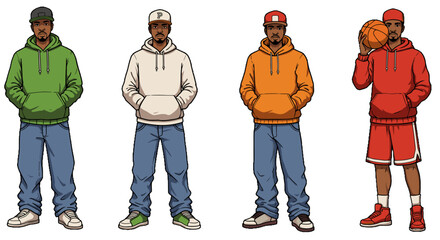 Four male basketball players in colorful hoodies and sportswear