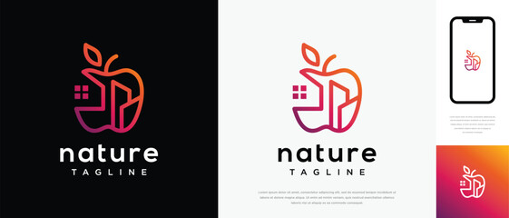 Apple fruit logo design with real estate building. Apple fruit logo template building. Real estate apple logo symbol icon