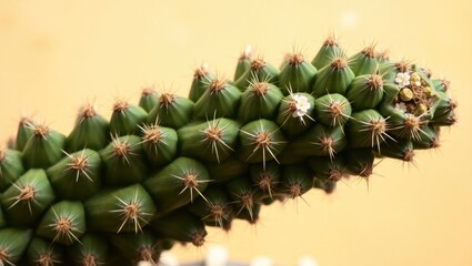 Close-up of a Blooming Cactus with White Flowers and Sharp Spines