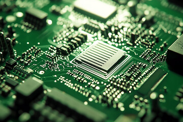 Obraz premium Close up shot of a green circuit board with various electronic components