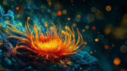 Obraz premium Vibrant orange bioluminescent underwater sea anemone with glowing particles.