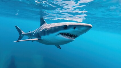 Naklejka premium Great White Shark Swimming in Clear Blue Ocean Waters, Close-up View