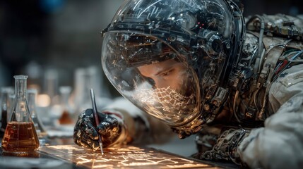 Astronaut Scientist Working in a Futuristic Lab
