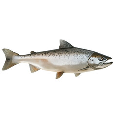Naklejka premium Side view of a salmon swimming in a river, isolated on a clean white background, highlighting its streamlined body, textured scales