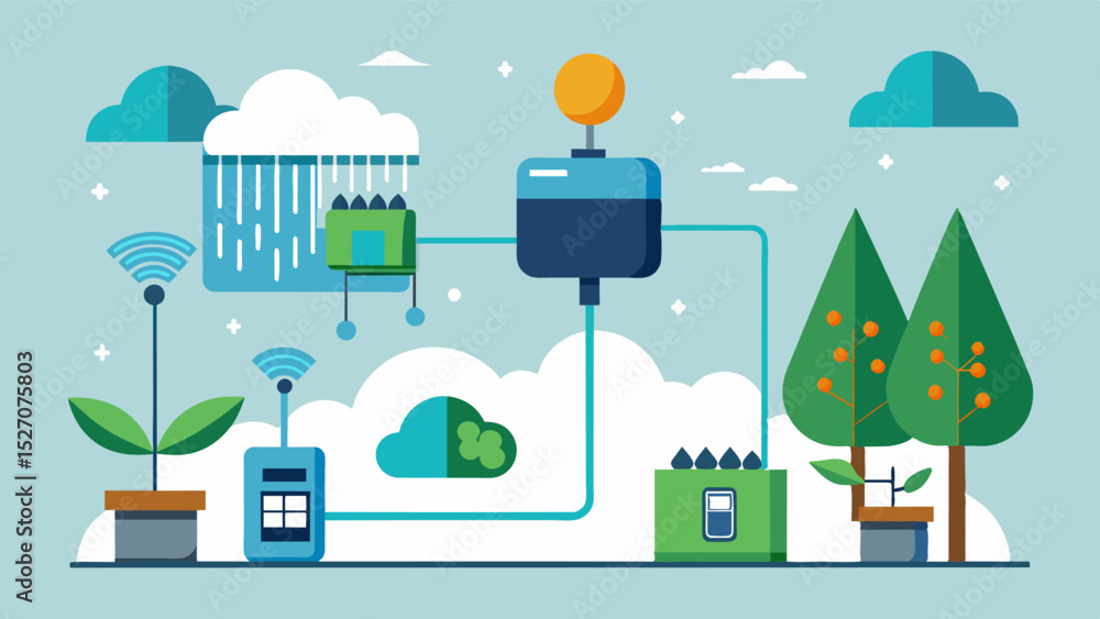 Poster a smart irrigation system that collects and filters rainwater reducing water usage.. vector illustra