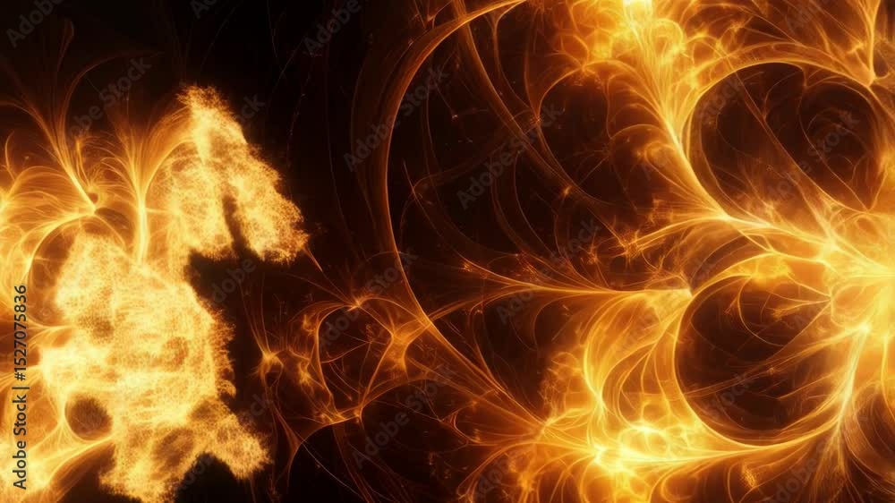 Poster abstract fractal design with floral pattern, bright orange, glowing elements against a dark backgrou