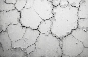 Obraz premium Monochrome photo shows cracked paint on old wall. White, grey colors. Weathered rough surface with peeling, flaking paint. High resolution texture for background, design, grunge style. Perfect for
