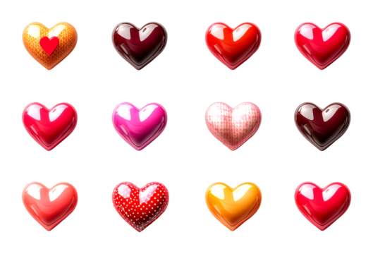 Colorful heart decorations for valentine's day celebration creative studio close-up cut out on transparent background