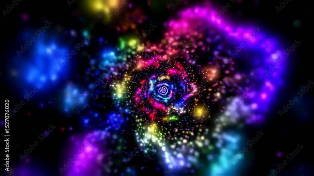 Poster psychedelic abstract tunnel with rainbow colorful particles moving through space. optical illusion f