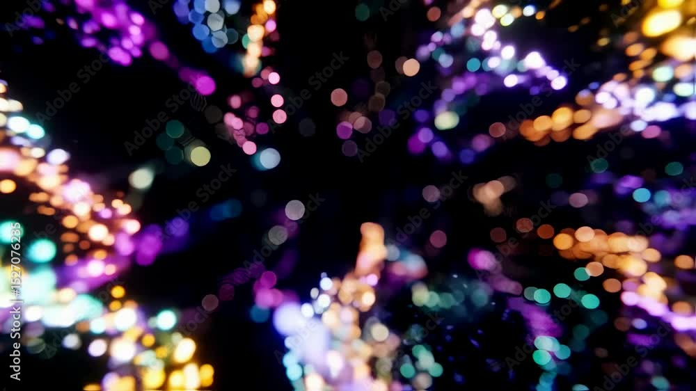 Poster Multicolored light particles in motion, creating a bokeh effect on a dark background. Abstract digital data flow visualization.