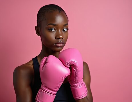 Young African woman with pink boxing gloves, medium shot. Confident female athlete in sports bra, ready for workout. Strength, resilience, empowerment. Pink background with copy space. Fitness