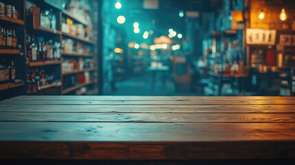 old vintage wooden product display of with blur bokeh supermarket background.	