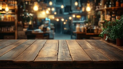 old vintage wooden product display of with blur bokeh supermarket background.	