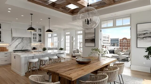 Spacious and Modern Kitchen and Dining Area with Natural Light and Elegant Design