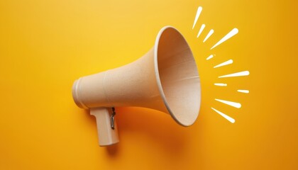 Megaphone shout on yellow background for advertising. Promotion sale concept. Minimalist creative idea. Marketing, promotion, advertisement, announcement concept for cafe, coffee shop, restaurant,