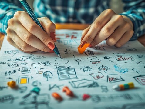 A closeup of hands sketching a business concept on paper, Startup Idea, Creative and methodical