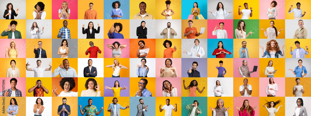Poster a lively collection of portraits features diverse individuals expressing joy and togetherness agains
