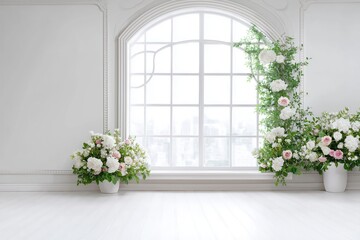 Fototapeta premium Sunlight streams through an arched window, illuminating white floral arrangements in vases