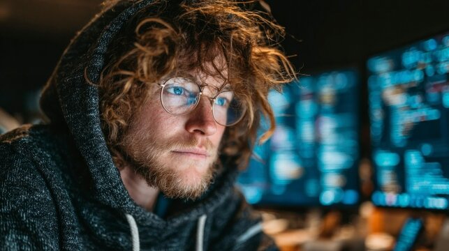 Concentrated Programmer Working Late at Night on Computer Screens - Powered by Adobe