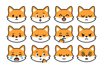 Cute Fox Emoji Faces Set &ndash; Kawaii Animal Expressions in Flat Vector Style for Stickers, Emotes and Reactions
