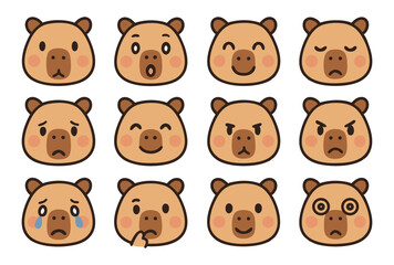 Fototapeta premium Cute Capybara Emoji Faces Set – Kawaii Animal Expressions in Flat Vector Style for Emotes, Stickers and Reaction Icons 