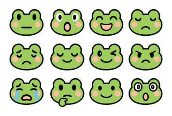 Cute Frog Emoji Faces Set &ndash; Kawaii Green Expressions in Flat Vector Style for Stickers, Emotes and Reaction Icons

