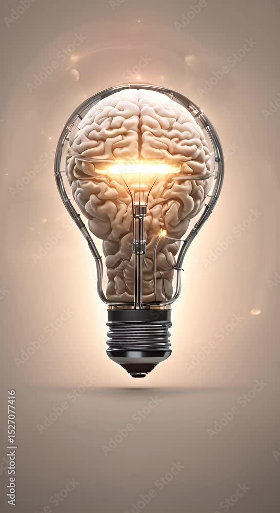 Poster unique light bulb design with a glowing brain inside it symbolizes creativity and intelligence in in