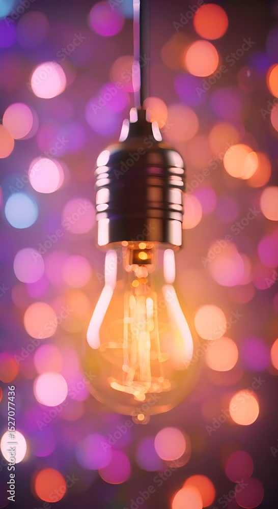 Poster unique light bulb illuminates colorful bokeh background in artistic composition 4k vertical