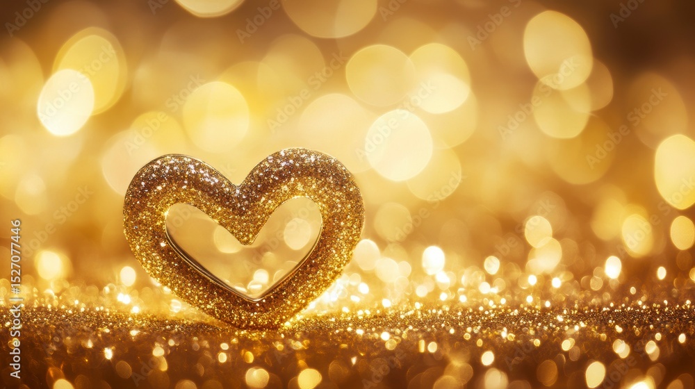 Poster golden heart on glittering surface with bokeh lights.