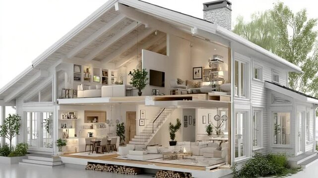 Stunning cross-section of a modern two-story house showcasing architectural design and interior