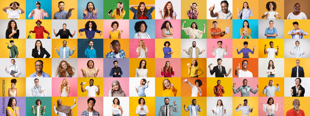 Poster A vibrant collection of portraits showcasing individuals from various backgrounds, each smiling and engaging with the camera. The diverse group highlights unity and joy in a lively setting.