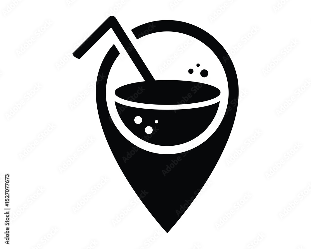 Poster modern, bold icon of a drink with a straw inside a map marker, suggesting a vacation destination, fa