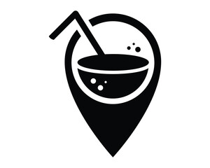 Modern, bold icon of a drink with a straw inside a map marker, suggesting a vacation destination, favorite bar location or refreshing find.  Clean vector design. Versatile use.