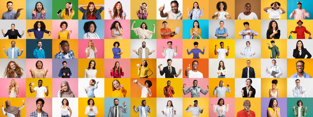 A vibrant collection showcases a multitude of faces from different backgrounds, each person exuding joy and positivity against a bright, colorful backdrop.