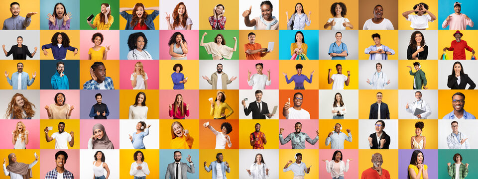 A vibrant collection showcases a multitude of faces from different backgrounds, each person exuding joy and positivity against a bright, colorful backdrop. - Powered by Adobe