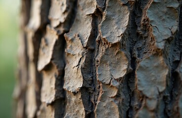 Detailed close-up shows textured bark of hazelnut tree. Rough, weathered surface, natural patterns create interesting visual. Organic texture, tree trunk bark. Hazelnut farming, gardening.