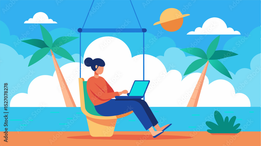 Poster sitting on a swing chair a remote worker enjoys a refreshing sea breeze while simultaneously respond