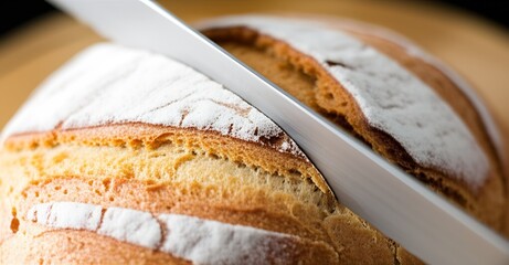 Satisfying sound of knife slicing crusty loaf of bread