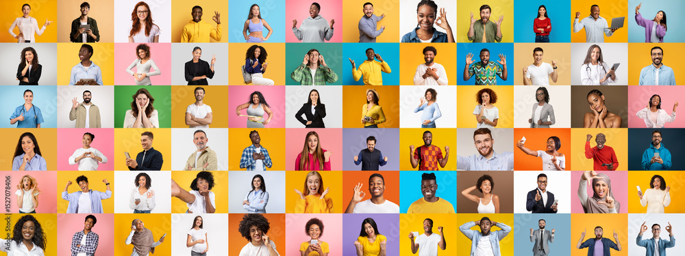Aufkleber This collection features a vibrant collage of multiracial and multiethnic people, each displaying unique expressions and poses, highlighting diversity and connection against colorful backgrounds.