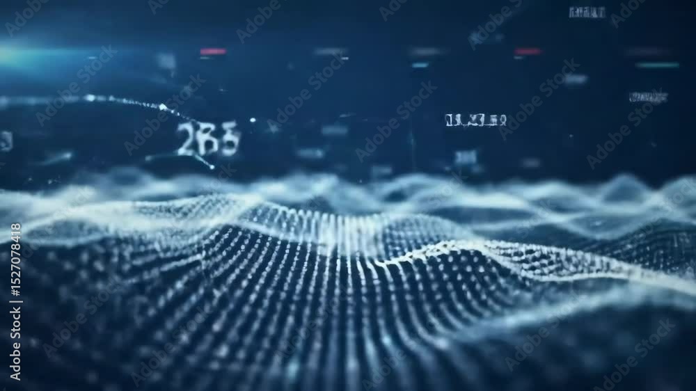 Poster Digital data wave with numbers and connecting lines. Futuristic technology concept with abstract grid surface visualization.