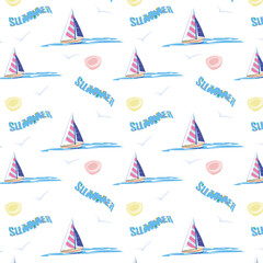 Seamless pattern on a marine theme with a yacht, sun and the inscription - summer.eps