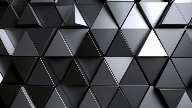 Sleek modern background pattern of metallic black equilateral triangles, with one silver triangle for a striking contrast and geometric art